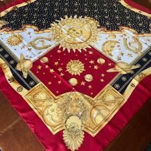 Gold & Red Celestial Print Silk-Feel Scarf by art of the Scarf 34“ x 34“